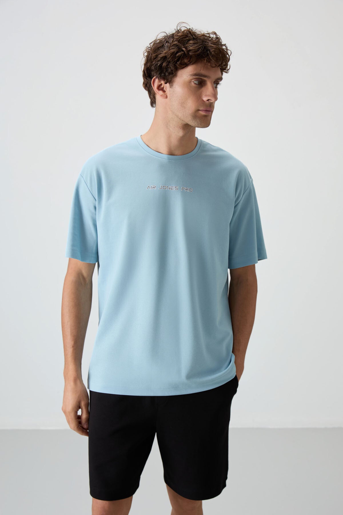 Light Blue Cotton Thick Textured Surface Oversize Fit Printed Men's T-Shirt - 88364