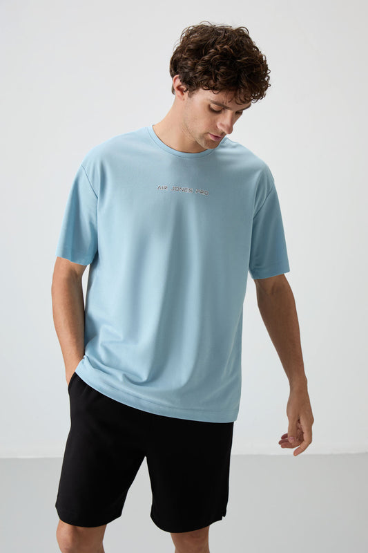 Light Blue Cotton Thick Textured Surface Oversize Fit Printed Men's T-Shirt - 88364