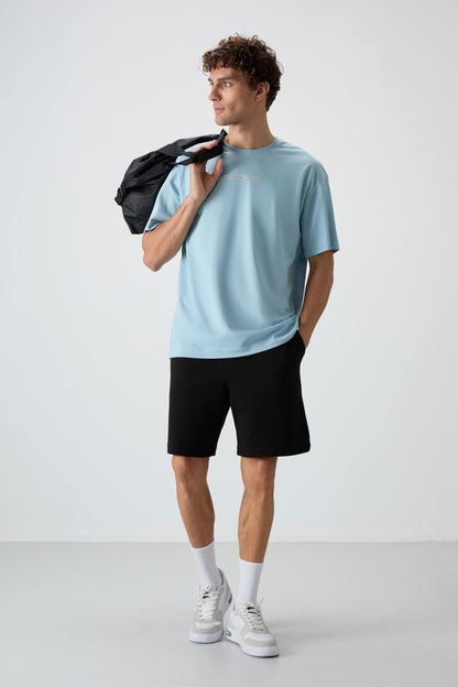 Light Blue Cotton Thick Textured Surface Oversize Fit Printed Men's T-Shirt - 88364