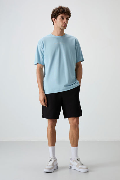 Light Blue Cotton Thick Textured Surface Oversize Fit Printed Men's T-Shirt - 88364