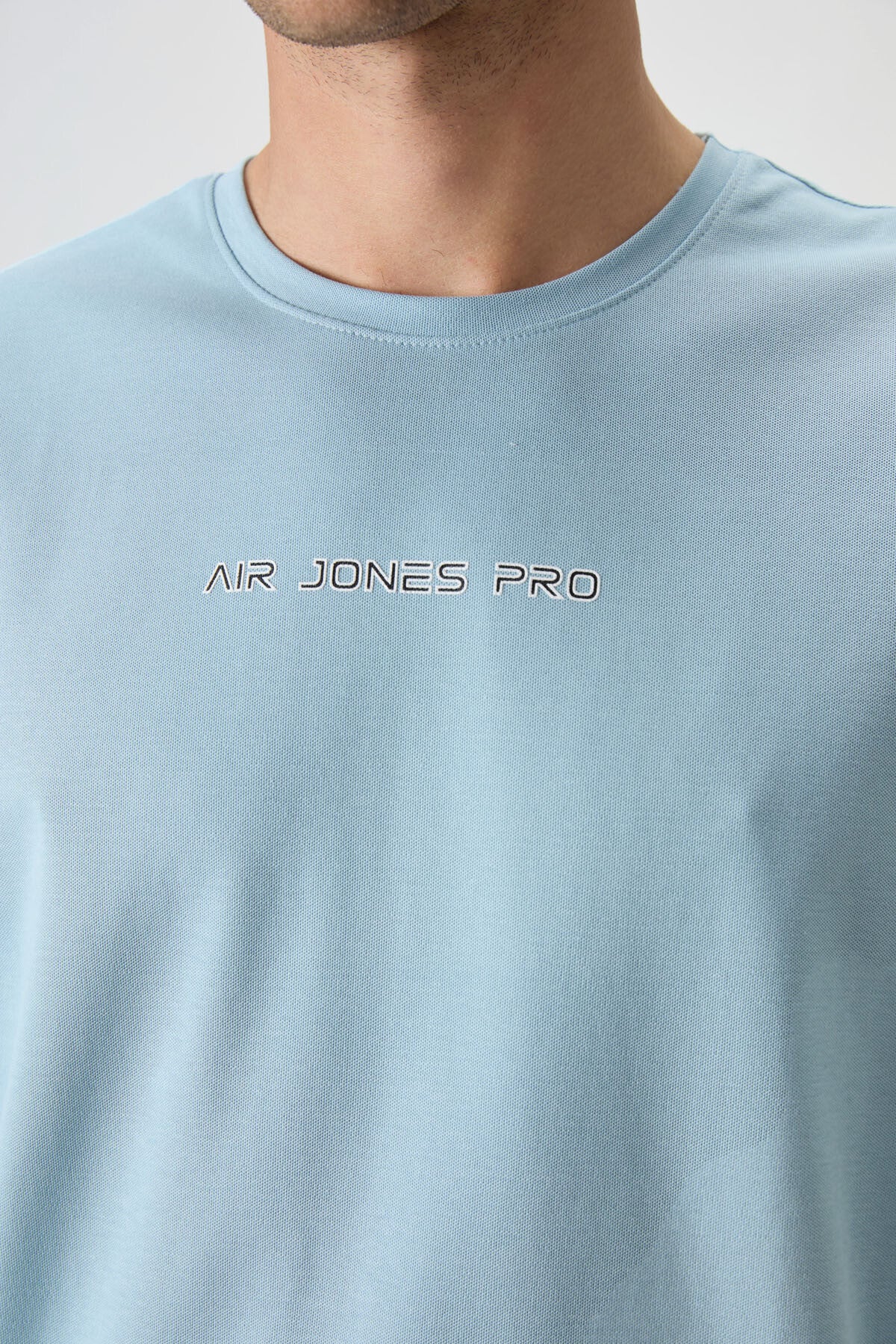 Light Blue Cotton Thick Textured Surface Oversize Fit Printed Men's T-Shirt - 88364