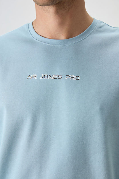 Light Blue Cotton Thick Textured Surface Oversize Fit Printed Men's T-Shirt - 88364