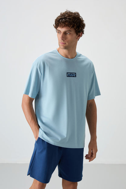 Light Blue Cotton Thick Textured Surface Oversize Fit Printed Men's T-Shirt - 88367