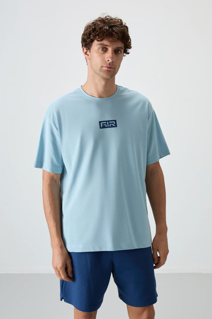 Light Blue Cotton Thick Textured Surface Oversize Fit Printed Men's T-Shirt - 88367