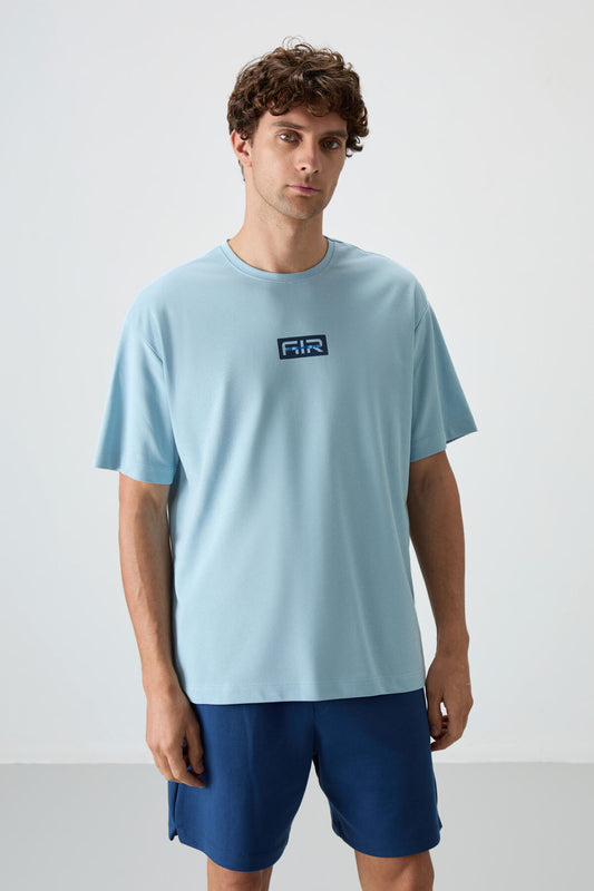 Light Blue Cotton Thick Textured Surface Oversize Fit Printed Men's T-Shirt - 88367