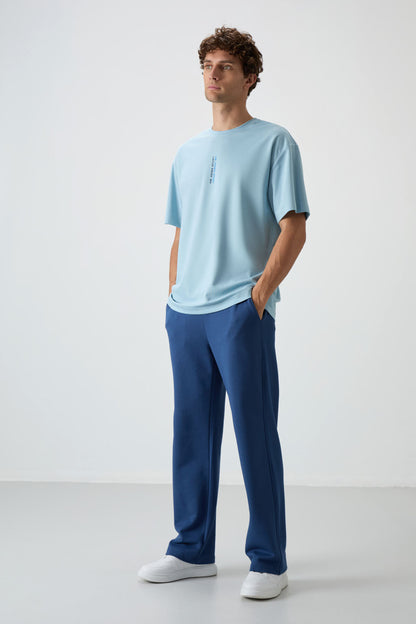 Light Blue Cotton Thick Textured Surface Oversize Fit Printed Men's T-Shirt - 88368