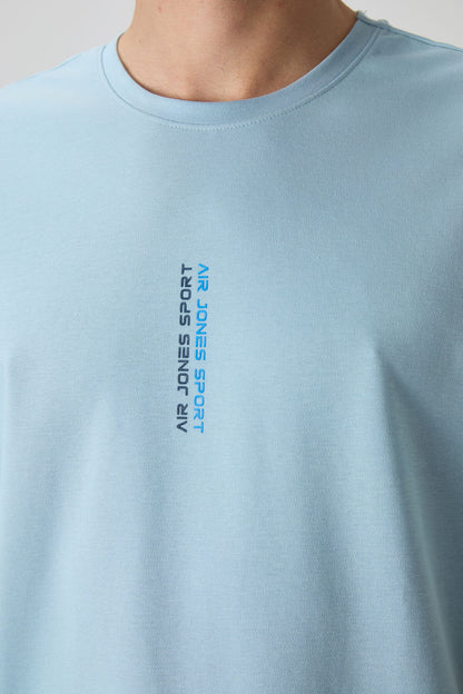 Light Blue Cotton Thick Textured Surface Oversize Fit Printed Men's T-Shirt - 88368