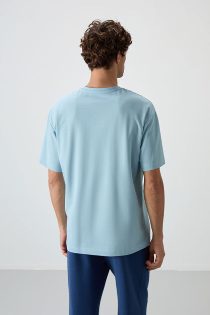 Light Blue Cotton Thick Textured Surface Oversize Fit Printed Men's T-Shirt - 88368