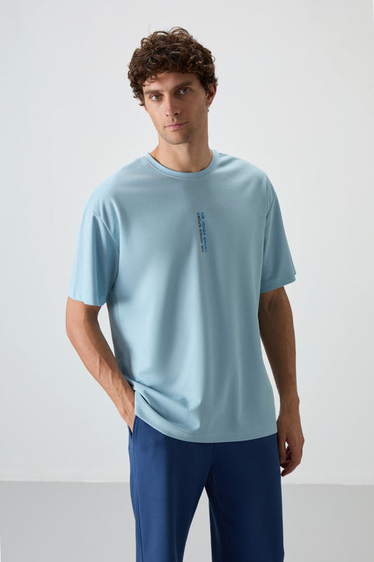 Light Blue Cotton Thick Textured Surface Oversize Fit Printed Men's T-Shirt - 88368