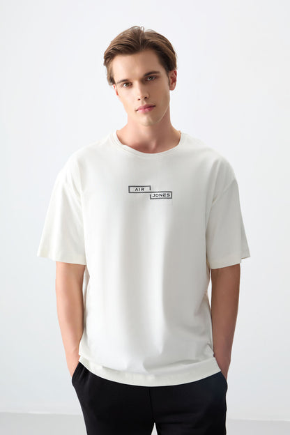 Ecru 100% Cotton Thick Soft Textured Oversize Fit Printed Men's T-Shirt - 88361