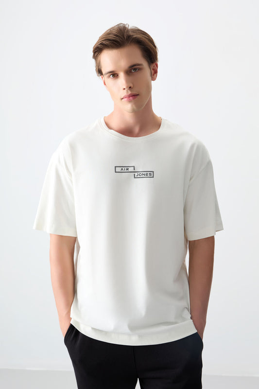 Ecru 100% Cotton Thick Soft Textured Oversize Fit Printed Men's T-Shirt - 88361