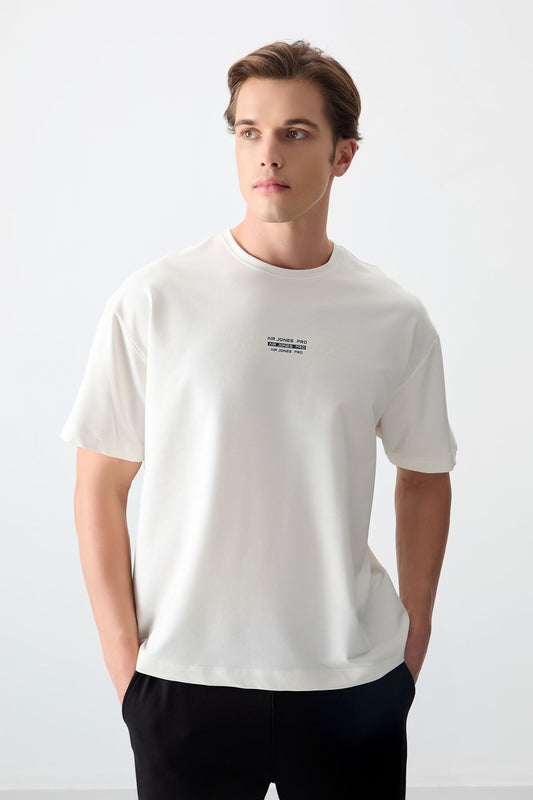 Ecru Cotton Thick Soft Textured Oversize Fit Printed Men's T-Shirt - 88374