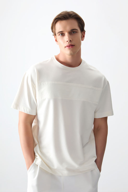 Ecru Thick Soft Textured Cotton Oversize Fit Basic Men's T-Shirt - 88378