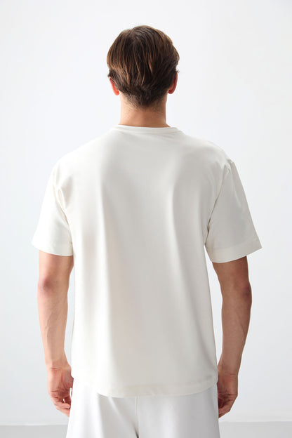 Ecru Thick Soft Textured Cotton Oversize Fit Basic Men's T-Shirt - 88378