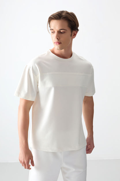 Ecru Thick Soft Textured Cotton Oversize Fit Basic Men's T-Shirt - 88378