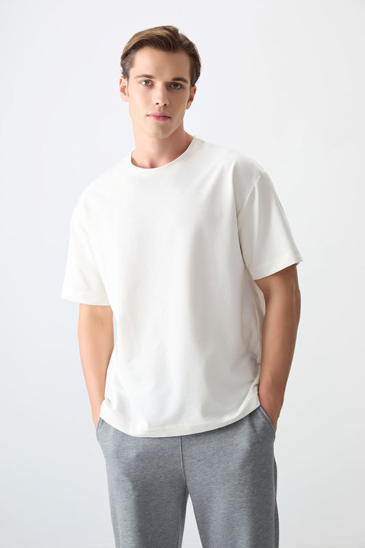 Beige Cotton Thick Soft Textured Oversize Fit Basic Men's T-Shirt - 88377