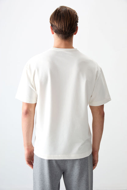 Beige Cotton Thick Soft Textured Oversize Fit Basic Men's T-Shirt - 88377