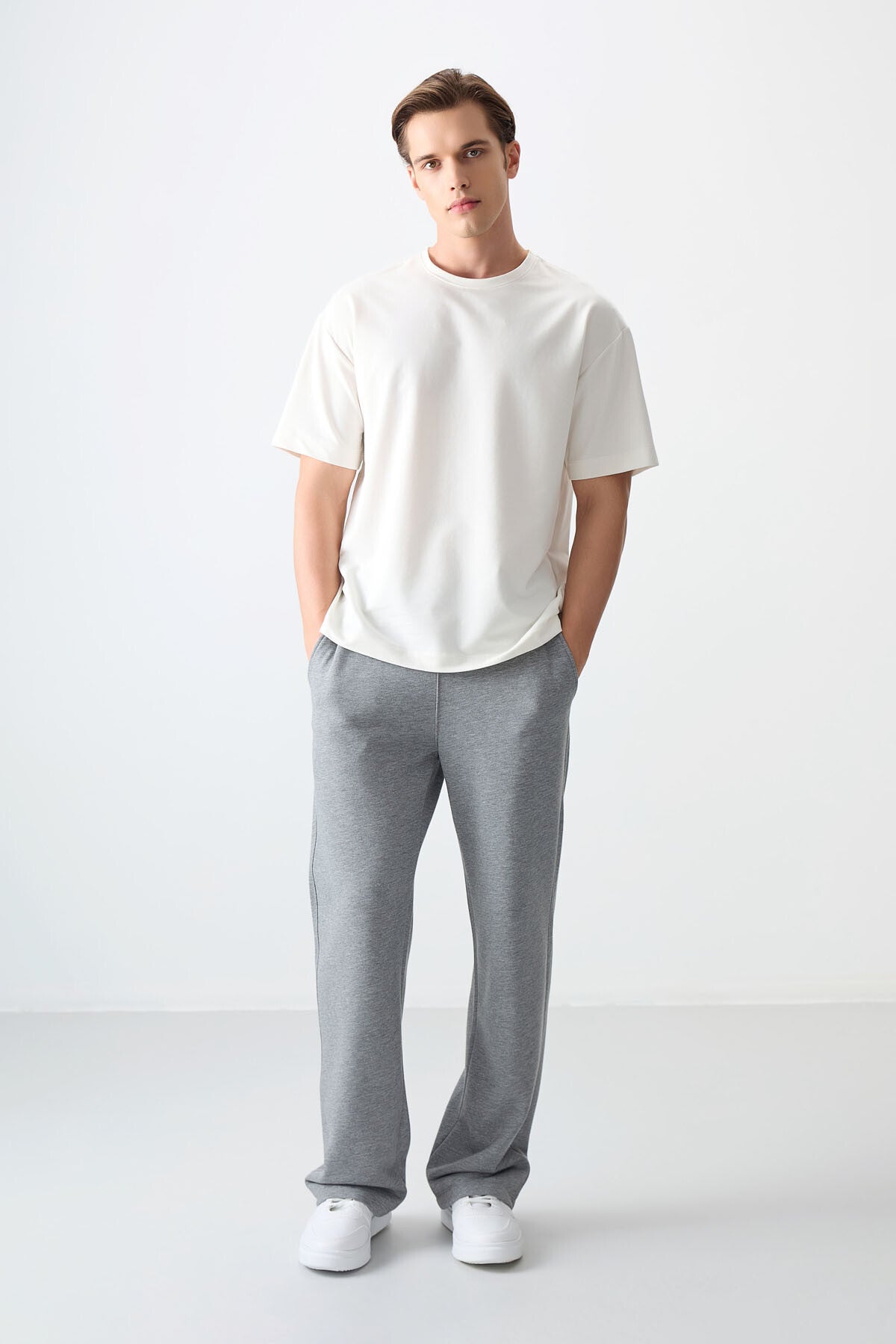 Beige Cotton Thick Soft Textured Oversize Fit Basic Men's T-Shirt - 88377