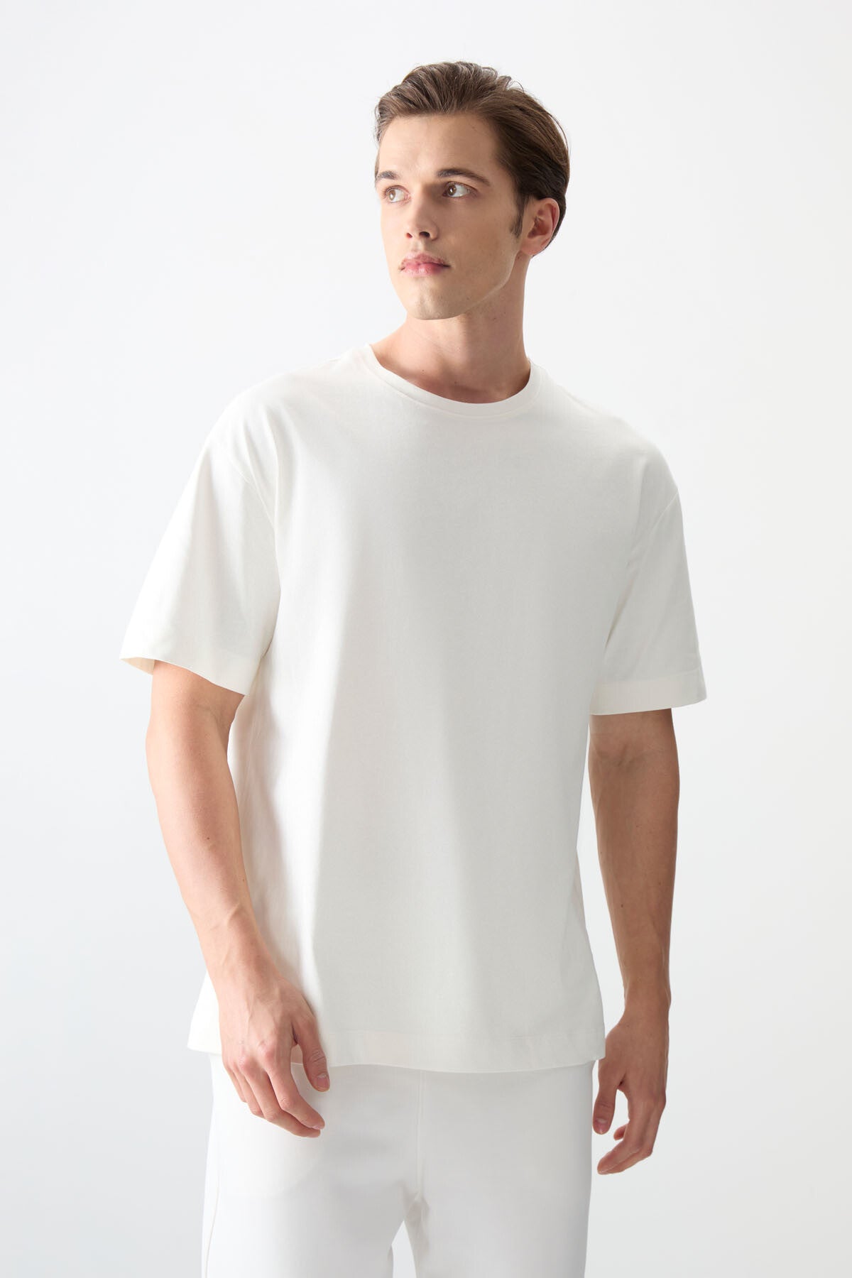 Ecru 100% Cotton Thick Soft Textured Oversize Fit Basic Men's T-Shirt - 88353