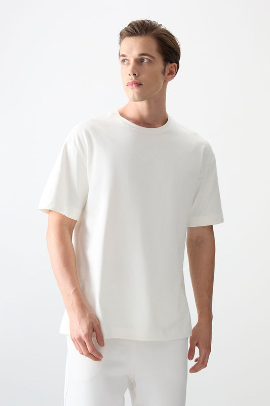 Ecru 100% Cotton Thick Soft Textured Oversize Fit Basic Men's T-Shirt - 88353