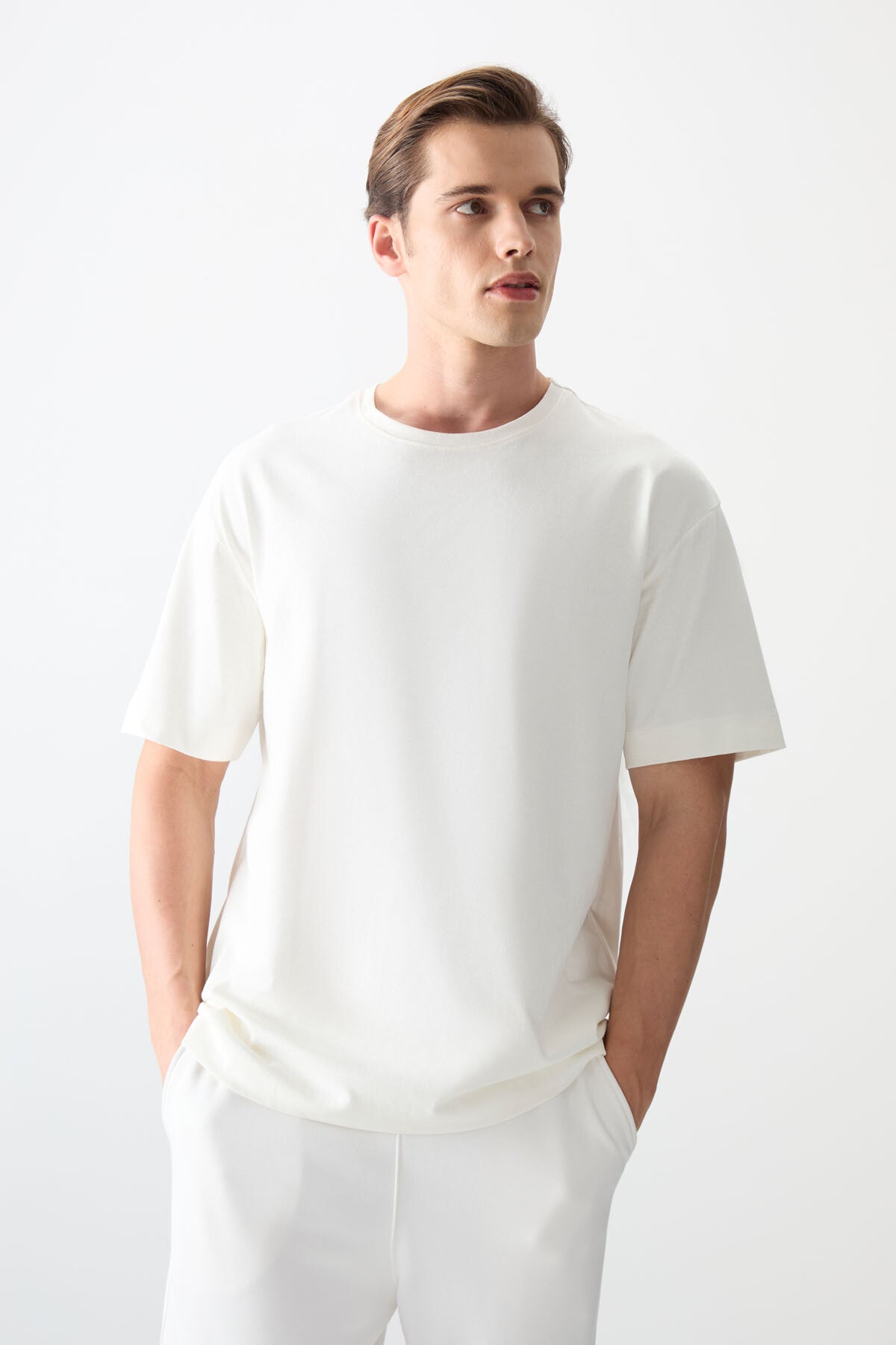 Ecru 100% Cotton Thick Soft Textured Oversize Fit Basic Men's T-Shirt - 88353