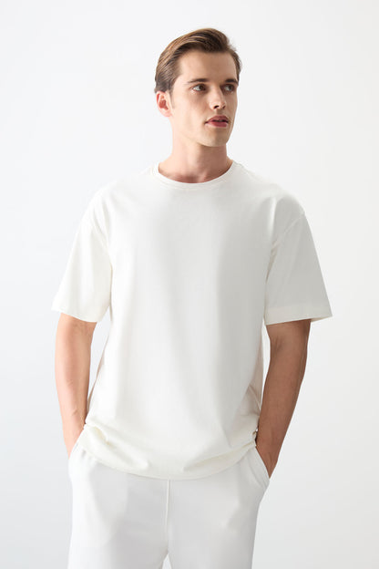 Ecru 100% Cotton Thick Soft Textured Oversize Fit Basic Men's T-Shirt - 88353
