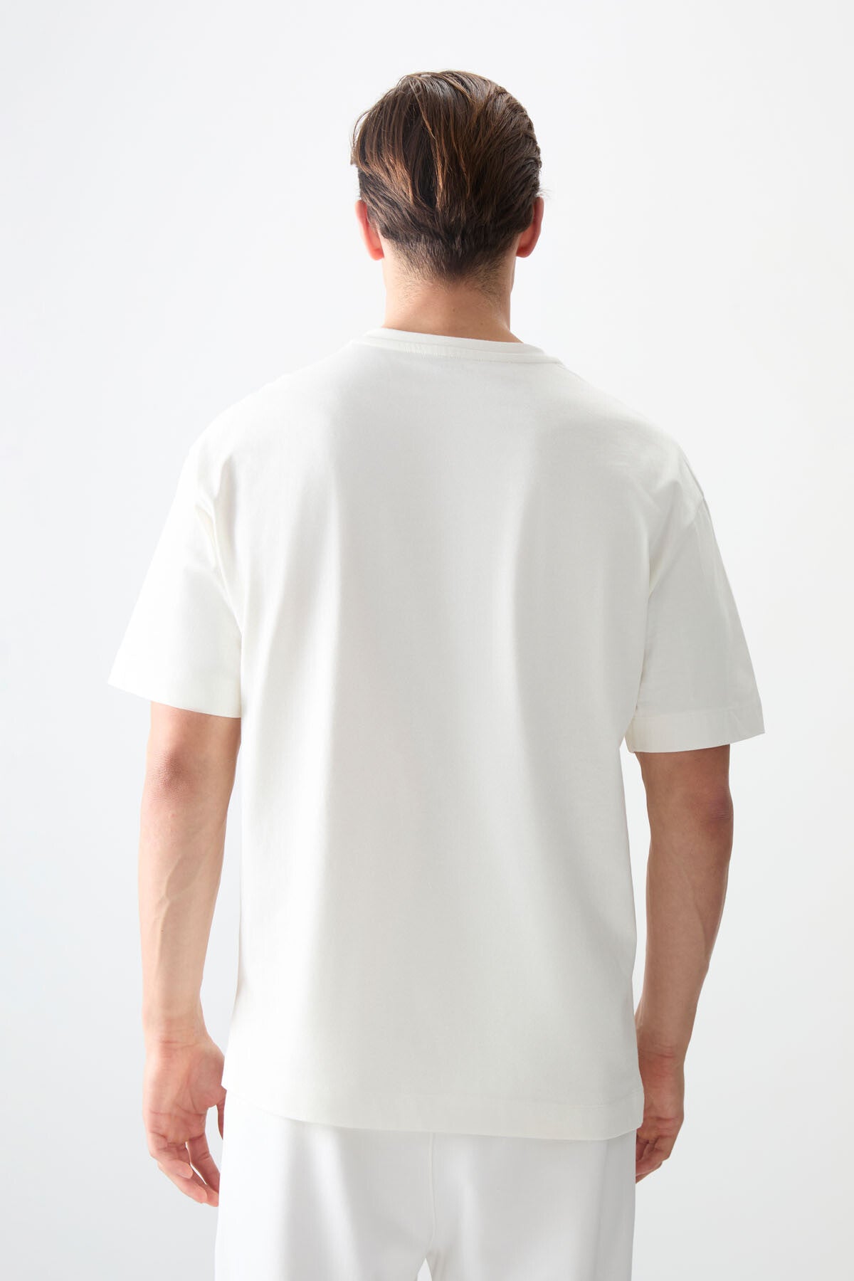 Ecru 100% Cotton Thick Soft Textured Oversize Fit Basic Men's T-Shirt - 88353