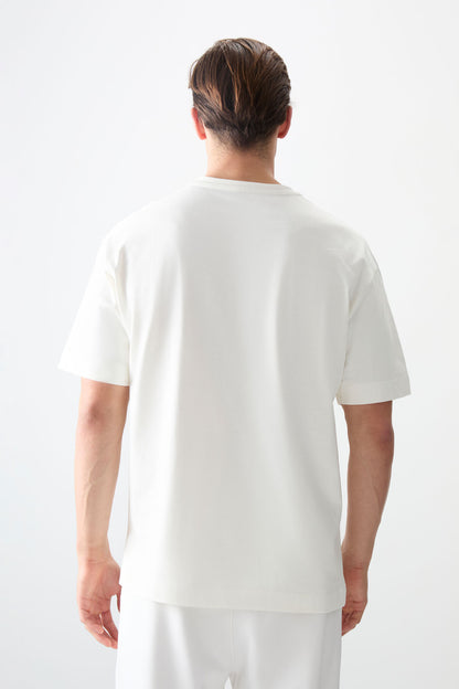 Ecru 100% Cotton Thick Soft Textured Oversize Fit Basic Men's T-Shirt - 88353