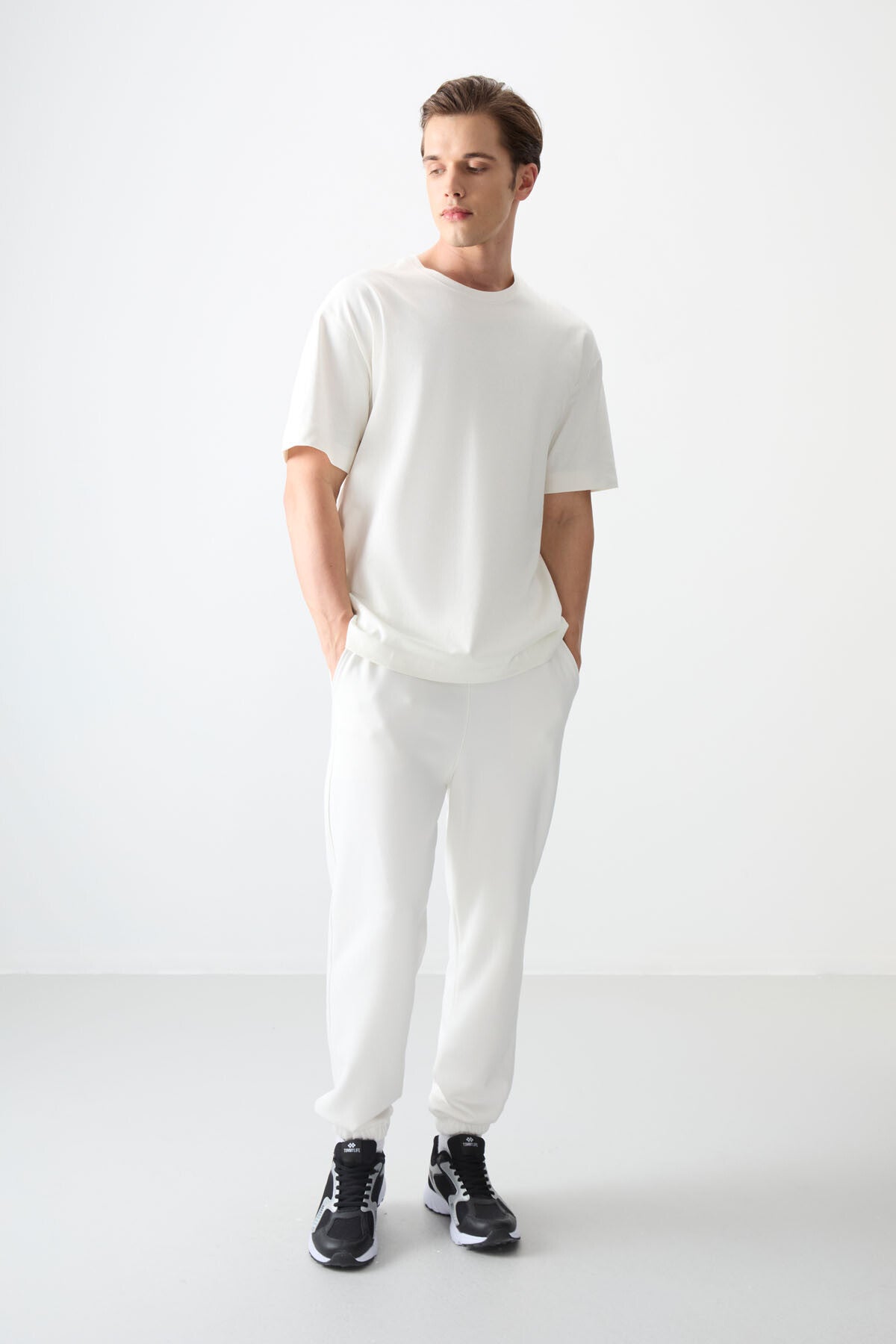 Ecru 100% Cotton Thick Soft Textured Oversize Fit Basic Men's T-Shirt - 88353