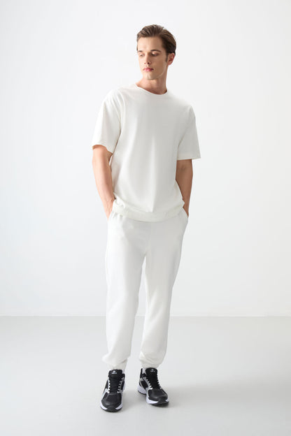 Ecru 100% Cotton Thick Soft Textured Oversize Fit Basic Men's T-Shirt - 88353