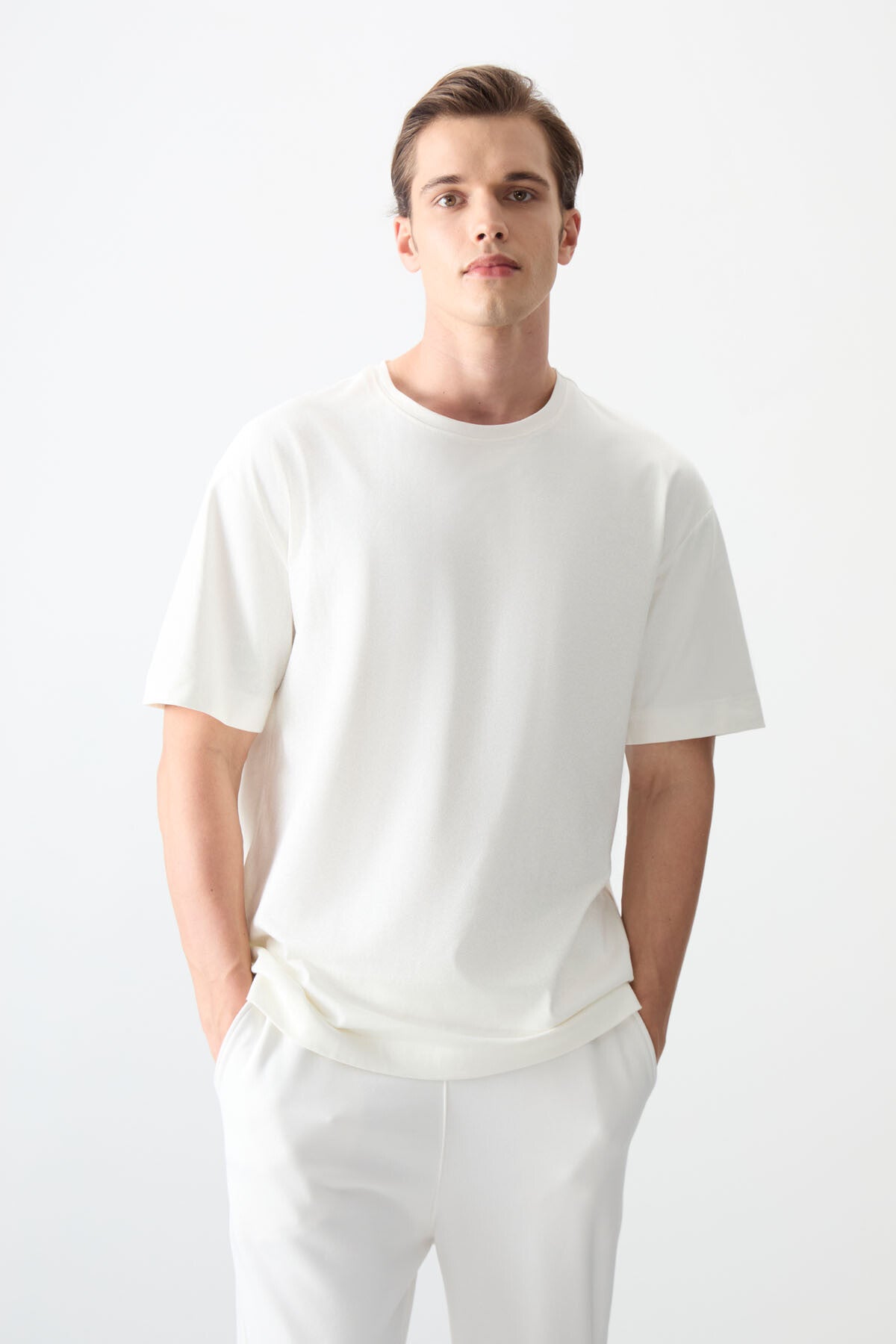 Ecru 100% Cotton Thick Soft Textured Oversize Fit Basic Men's T-Shirt - 88353