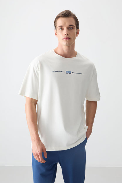 Ecru 100% Cotton Thick Soft Textured Oversize Fit Printed Men's T-Shirt - 88357