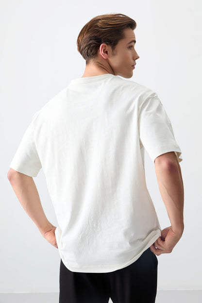 Ecru 100% Cotton Thick Soft Textured Oversize Fit Printed Men's T-Shirt - 88355