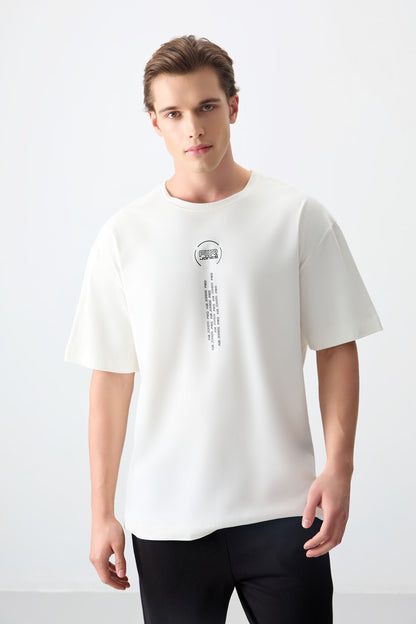 Ecru 100% Cotton Thick Soft Textured Oversize Fit Printed Men's T-Shirt - 88355