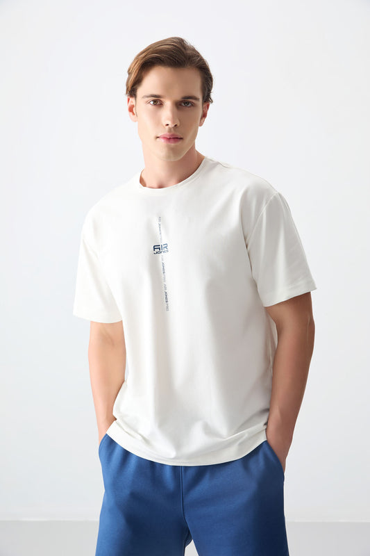 Ecru Thick Cotton Soft Textured Oversize Fit Printed Men's T-Shirt - 88373