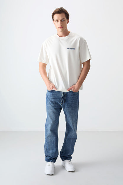 Ecru Cotton Thick Soft Textured Oversize Fit Printed Men's T-Shirt - 88375