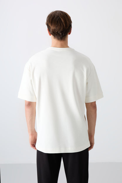 Ecru Cotton Thick Soft Textured Oversize Fit Printed Men's T-Shirt - 88322