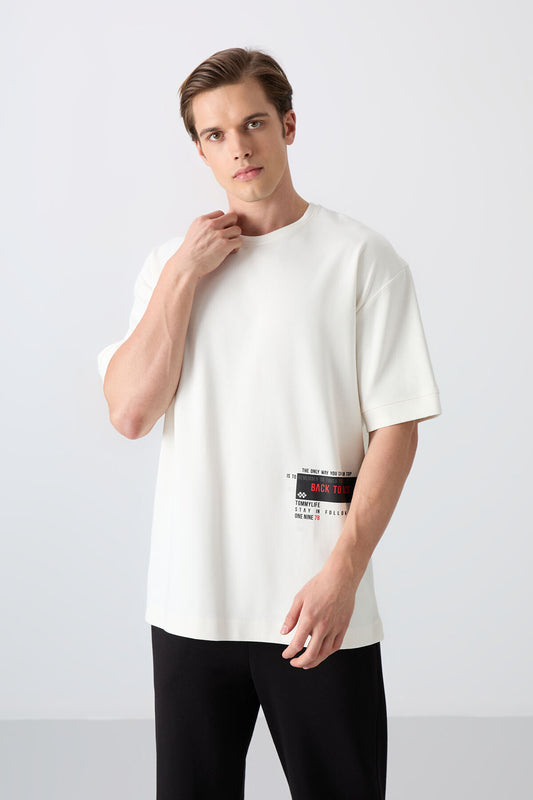 Ecru Cotton Thick Soft Textured Oversize Fit Printed Men's T-Shirt - 88322