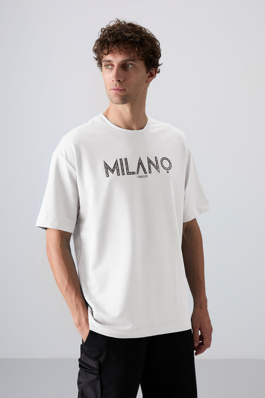 Ecru Thick Cotton Soft Textured Oversize Fit Printed Men's T-Shirt - 88345