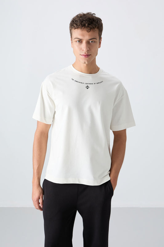 Ecru Cotton Thick Soft Textured Oversize Fit Printed Men's T-Shirt - 88343