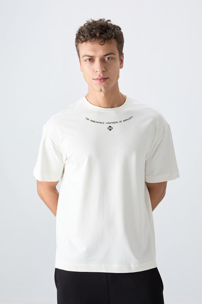 Ecru Cotton Thick Soft Textured Oversize Fit Printed Men's T-Shirt - 88343