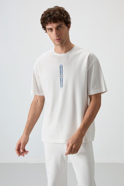 Ecru Thick Cotton Textured Oversize Fit Printed Men's T-Shirt - 88366