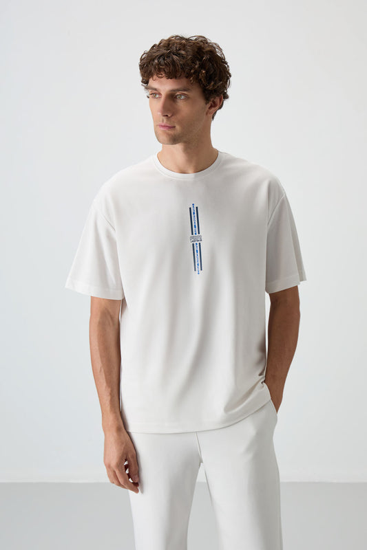 Ecru Thick Cotton Textured Oversize Fit Printed Men's T-Shirt - 88366