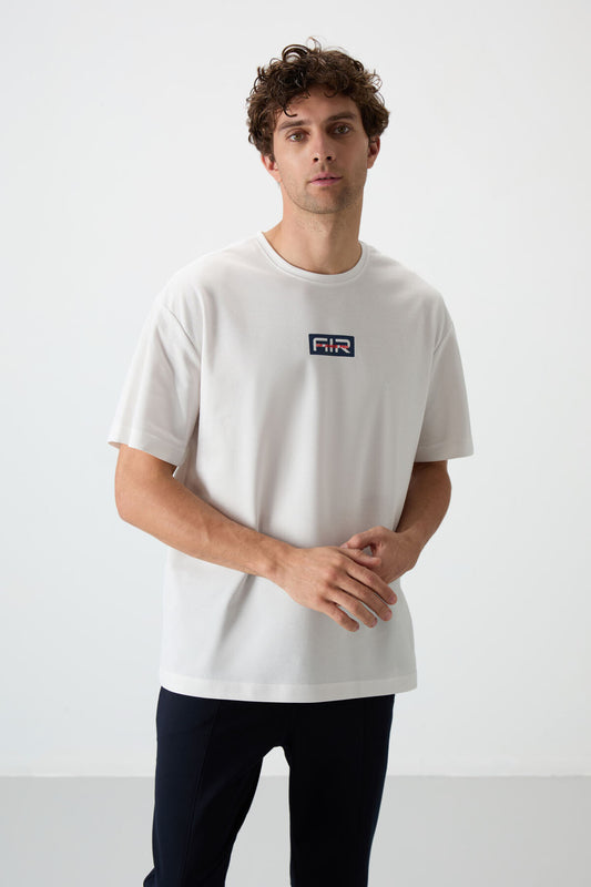 Ecru Thick Cotton Textured Surface Oversize Fit Printed Men's T-Shirt - 88367