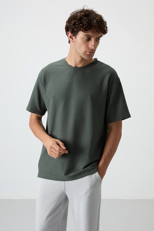 Waffle Knit Interlock Textured Surface Oversize Fit Basic Men's T-Shirt - 88379