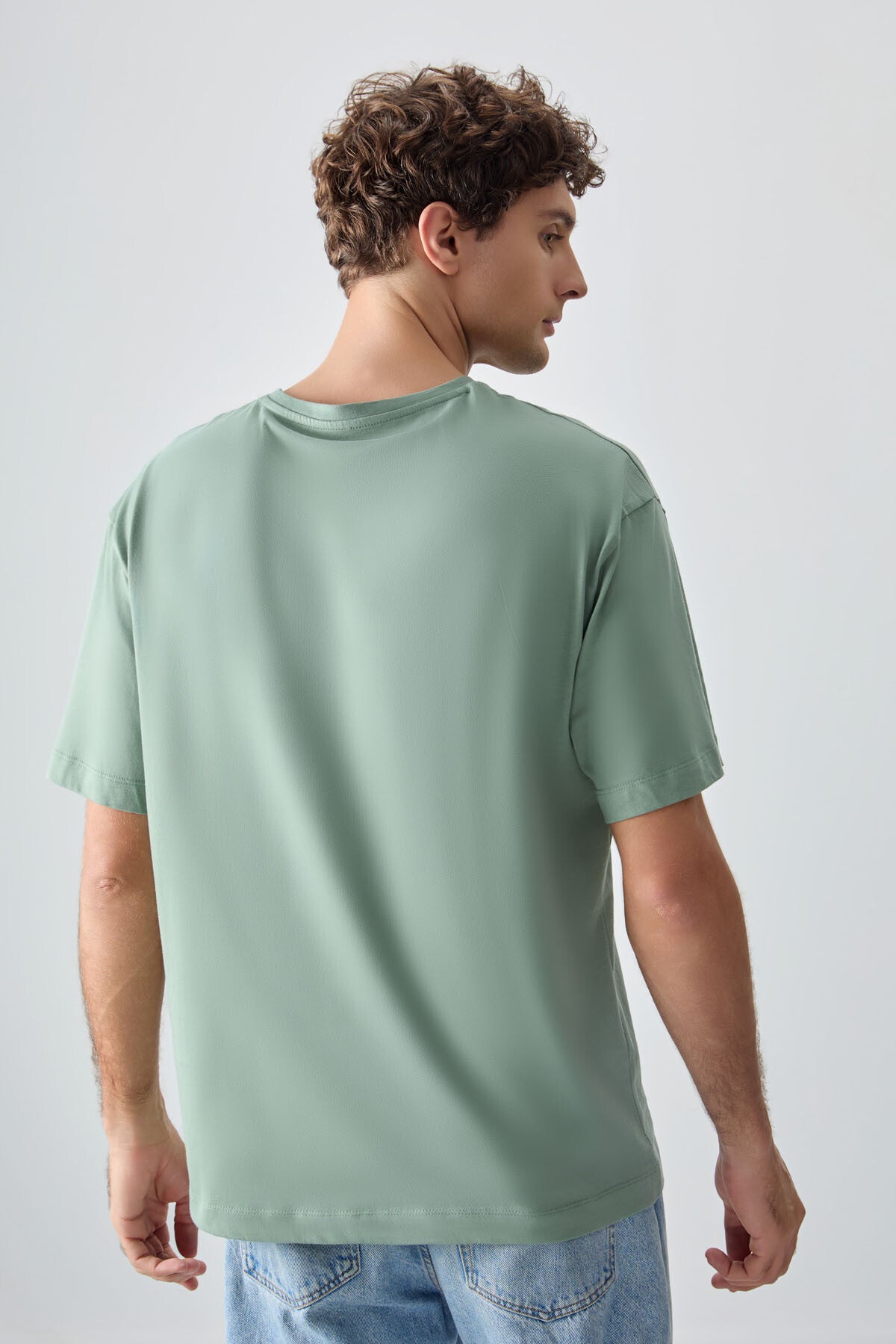 Light Green 100% Cotton Thick Soft Textured Oversize Fit Printed Men's T-Shirt - 88354