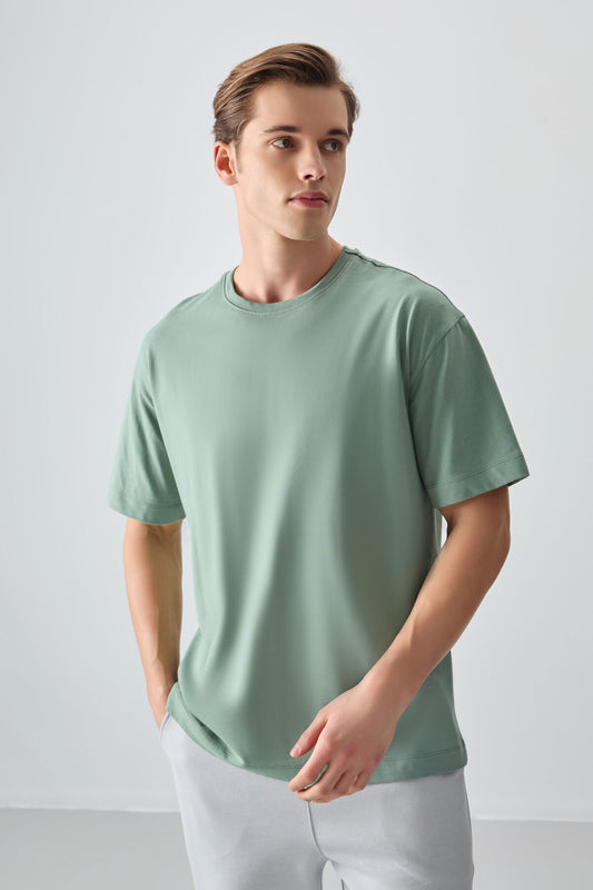 Light Green 100% Cotton Thick Soft Textured Oversize Fit Basic Men's T-Shirt - 88353