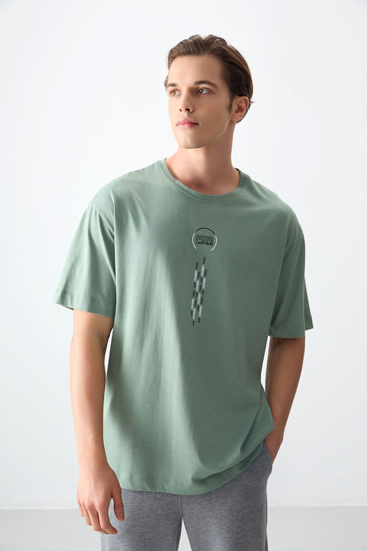 Light Green 100% Cotton Thick Soft Textured Oversize Fit Printed Men's T-Shirt - 88355