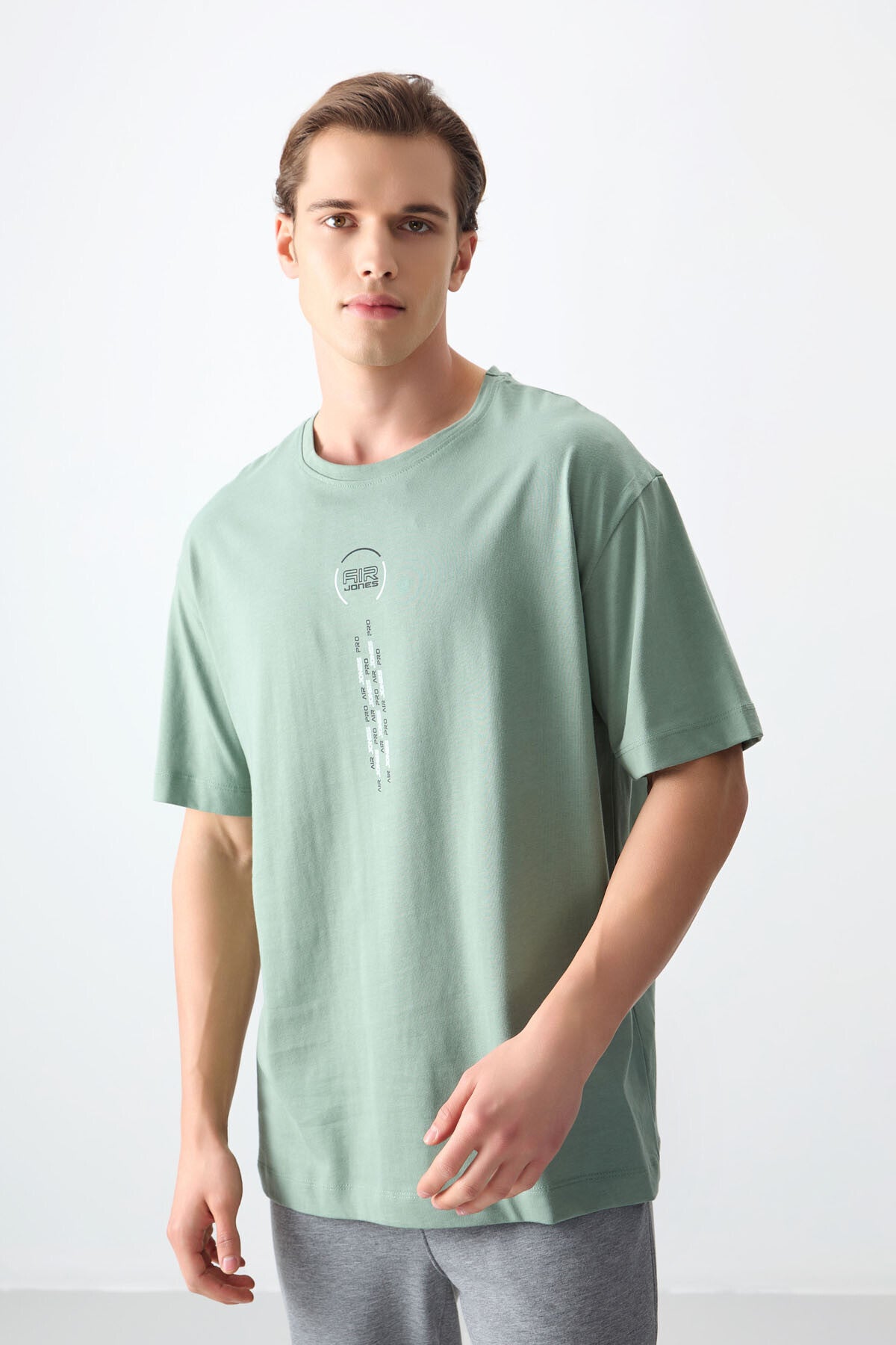 Light Green 100% Cotton Thick Soft Textured Oversize Fit Printed Men's T-Shirt - 88355