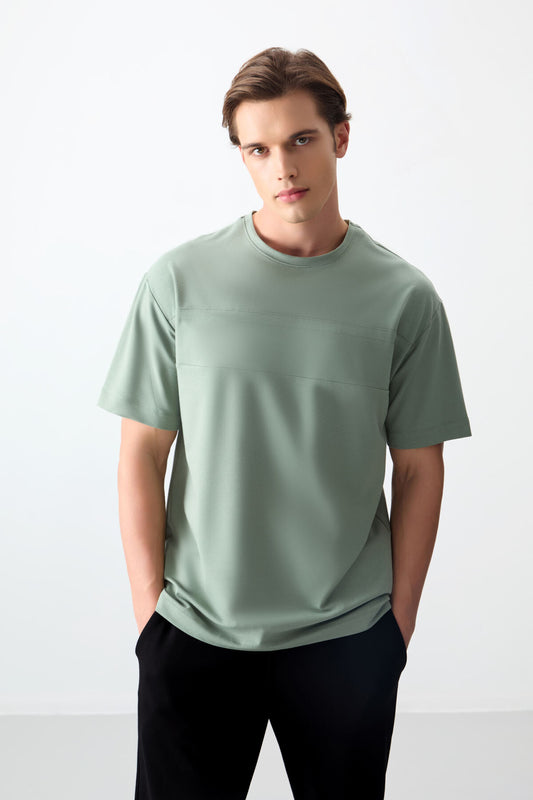 Light Green Cotton Thick Soft Textured Oversize Fit Basic Men's T-Shirt - 88378